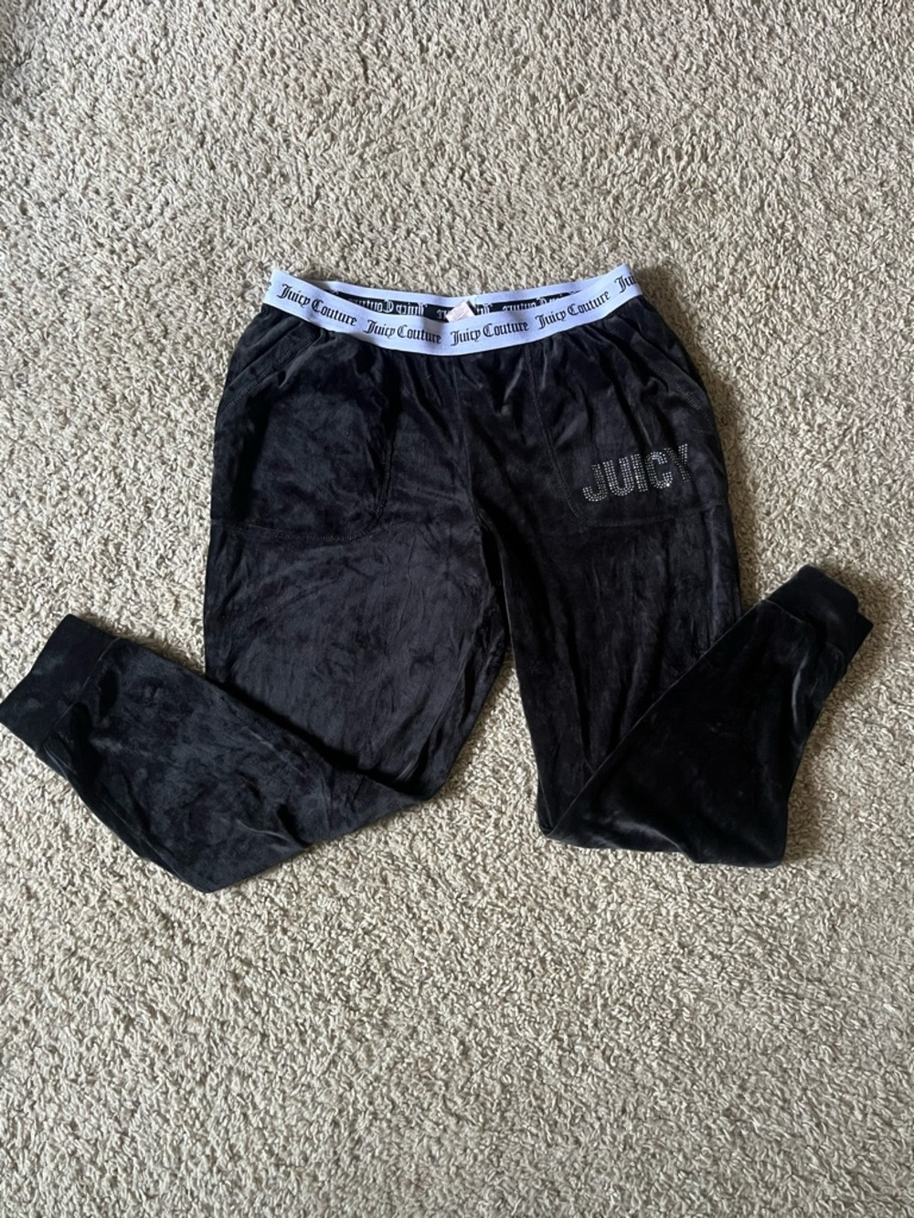 Juicy Couture Y2K Black Velour Jogger Pants With Rhinestone Logo